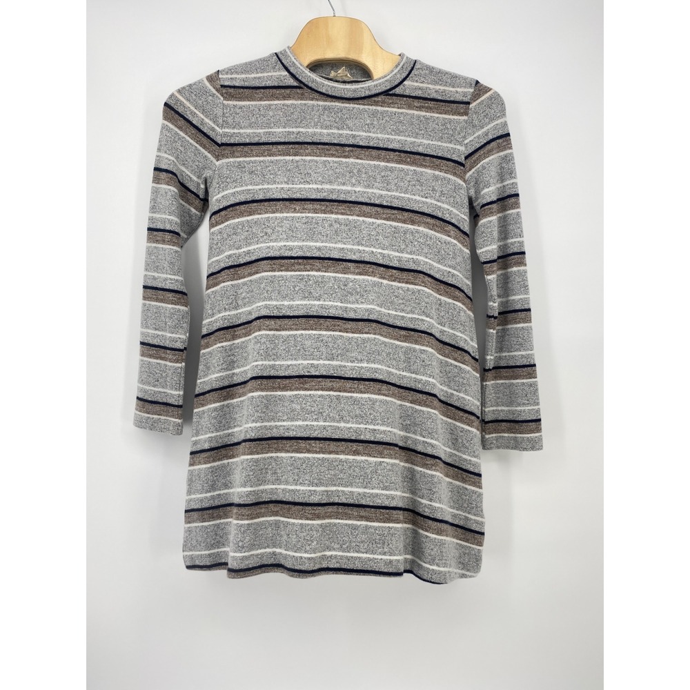 Hem & Thread Tunic Top Large Grey Striped Lace Up Back Excellent